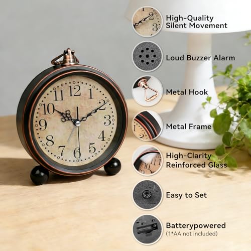 5'' Vintage Alarm Clock, Silent Non-Ticking Battery Operated