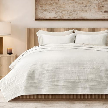 EVERGRACEHOME Cotton Sateen Channel Quilt Set, King Size, Bright White - color: Bright White, size: King (110" X 92")