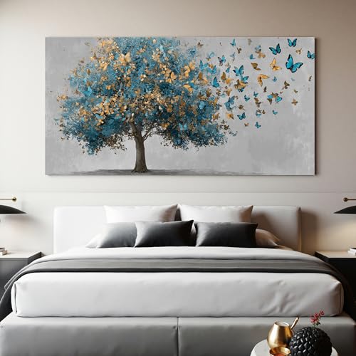 YISXINOAG Blue Gold Tree of Life Wall Art Butterfly Landscape Print 29"X58" - color: grey green, size: 58"L x 29"W