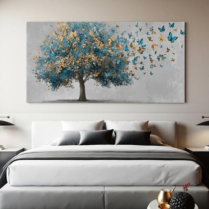 YISXINOAG Blue Gold Tree of Life Wall Art Butterfly Landscape Print 29"X58" - color: grey green, size: 58"L x 29"W