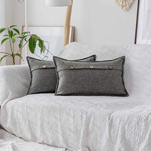 Home Brilliant Decorative Pillowcases Linen Rectangle Cushion Covers Triple Button Throw Pillow Covers for Couch Sofa Bed, 12 x 20 inch (30x50 cm), Set of 2, Dark Grey - color: Dark Grey, size: 20" x 12" (Pack of 2)