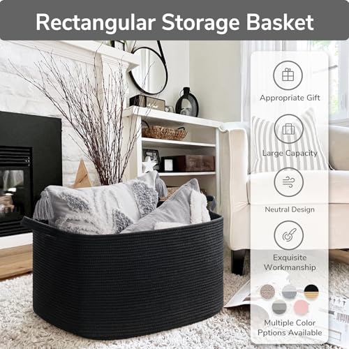 Goodpick Large Woven Rope Blanket Basket, Rectangle, Black, 75L - color: Black, size: Large(21.6"L x 14.9"W x 11.8"H)