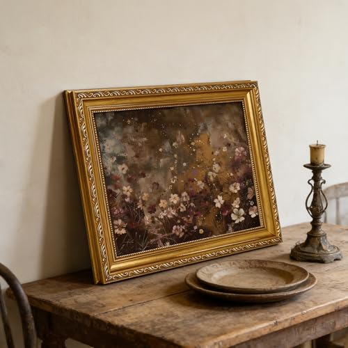 Vintage Gold Framed wall art Vintage Floral Canvas Moody Wildflower Field Dark Pictures Aesthetic Wall Decor Rustic Botanical Painting Print 24x16in - color: Vintage gold-framed wildflower, size: 40"L x 60"W