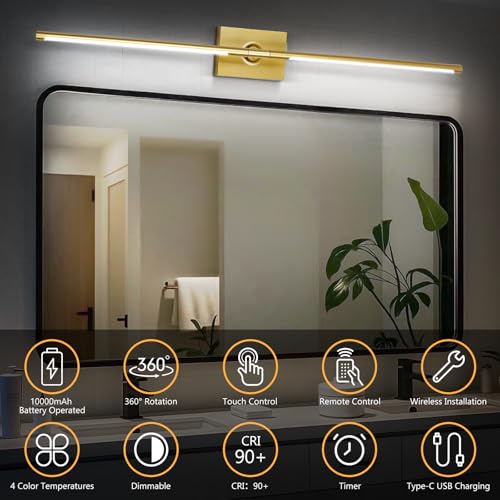 Eneru Battery Operated Wall Sconces Set of 2, Gold Wireless LED Wall Light - color: Gold, size: 2 Pack