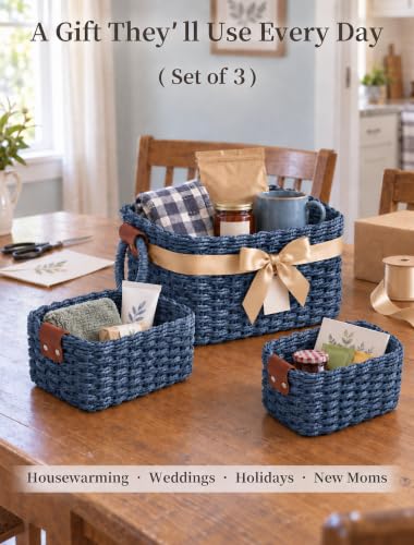 Small Wicker Baskets, 3 PCS Paper Rope Baskets for Shelves, Blue - color: Blue