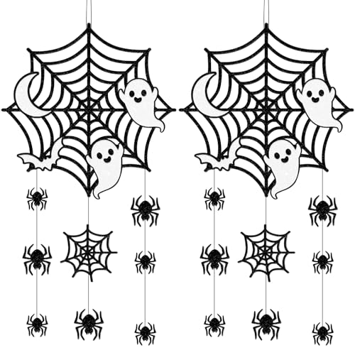 2Pcs Halloween Hanging Decorations, Spider Spiderweb Bat Ghost Door Decorations, Happy Halloween Sign Decoration Welcome Sign Hanging Ornaments for Home Wall Door Decor Party Supplies - color: Spider Web