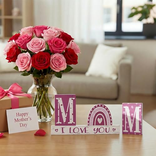 Smile 4 Pcs Wooden Decor Mother's day Indoor Decorations, Mom I Love You Heart - Shaped, Pink Table Centerpieces for Home Kitchen - style: Mom
