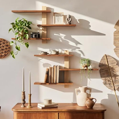 Pinkunn 2 Pack Floating Wall Shelf Mid Century Decor, Natural Wood, 3 Tier - color: Natural Wood