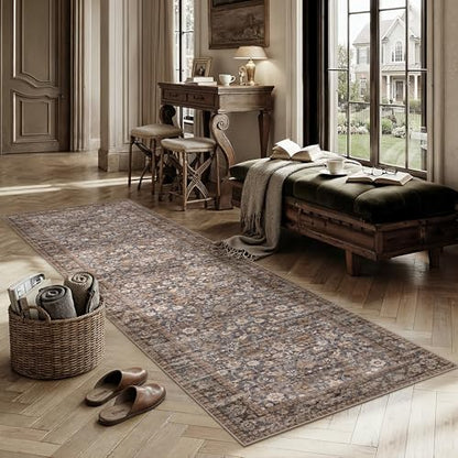 HUGEAR 복도용 2'6x18' 브라운 블루 빈티지 꽃무늬 세탁 가능한 러너 러그 - color: 플로럴 | 브라운/블루, size: 2'6" x 8' (Runner)