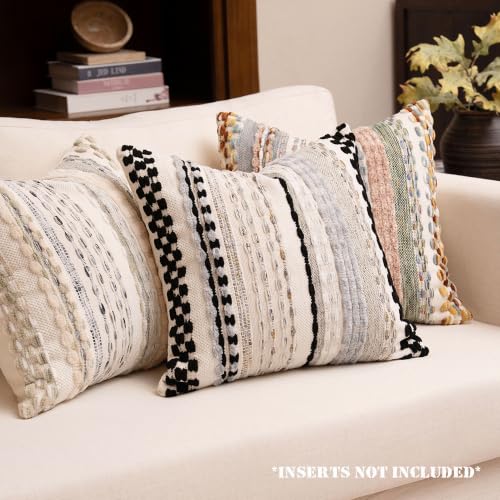 Boho Chenille Tufted Throw Pillow Covers 18x18 Inch Set of 2 Farmhouse Black Woven Striped Decorative Pillowcases for Couch Sofa Bed - color: Black
