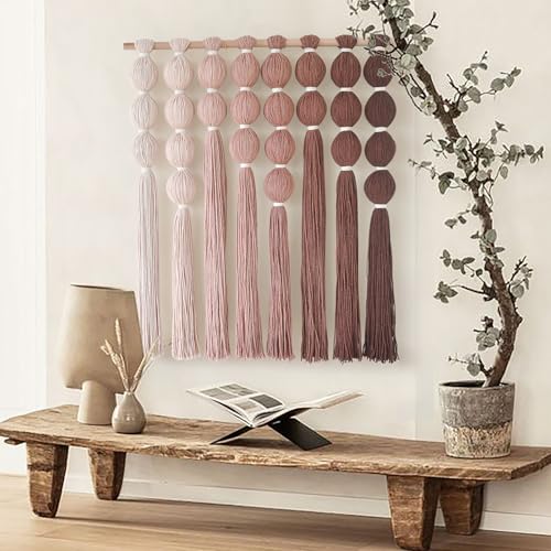 Macrame Wall Hanging Dip Dyed Red Yarn Balls Tassel Boho Decor 27"W*31"L - color: Brown Red