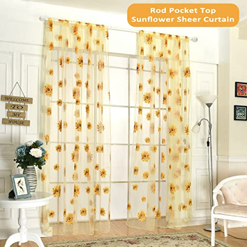 Ufurty 2pcs Sunflower Window Curtain Yellow Floral Voile Sheer Curtains - color: Yellow, size: 39.4"W x 78.7"L (Pack of 2)