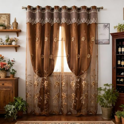 Amidoudou 1 Pair European Double Layer Curtains for Living Room Bedroom Luxury Flower Embroidered Curtains with Valance (Brown,52x90 Inch) - color: Brown, size: 52"W x 90"L (Pack of 2)