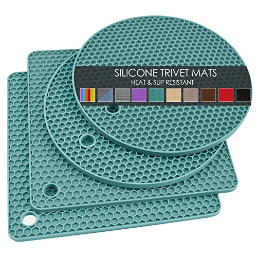 4 Pack Silicone Trivets for Hot Dishes, Dark Green Silicone Hot Pads Trivet for Hot Pots and Pans, 4 PCS Heat Resistant Silicone Mats Pot Holders for Kitchen Counter, Large Coasters & Jar Opener - color: 01 Dark Green, size: 7x7in
