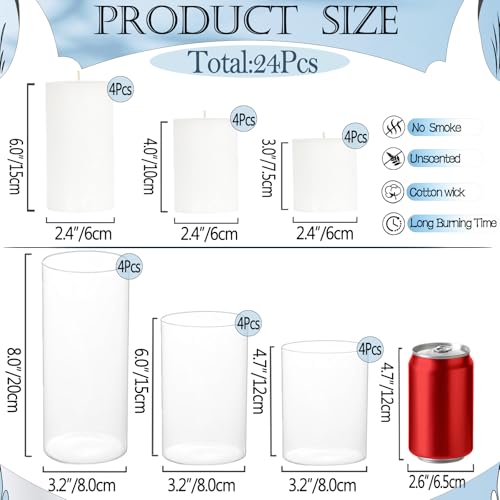 UDU 24 Pcs White Pillar Candles and Glass Cylinder Vases, Hurricane Pillar Candle Holder Vases for Wedding Centerpieces Table Party Home Decor(3.2" X 4.7", 6", 8") - size: 3.2" X 4.7", 6", 8"