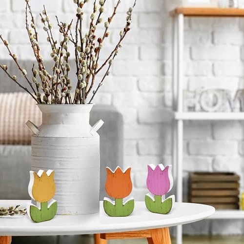 Gift Boutique 6Pcs Spring Tulip Wooden Signs Rustic Farmhouse Flower Table Decorations, Floral Tiered Tray Centerpieces, Tulips Flower Block Tabletop Home Decor