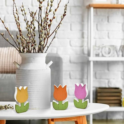 Gift Boutique 6Pcs Spring Tulip Wooden Signs Rustic Farmhouse Flower Table Decorations, Floral Tiered Tray Centerpieces, Tulips Flower Block Tabletop Home Decor