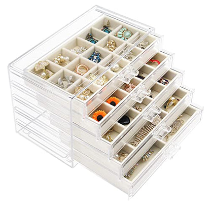 Watpot Acrylic Jewelry Box 5 Drawers Clear Earring Storage Organizer Display Case - color: Beige 5 Layers