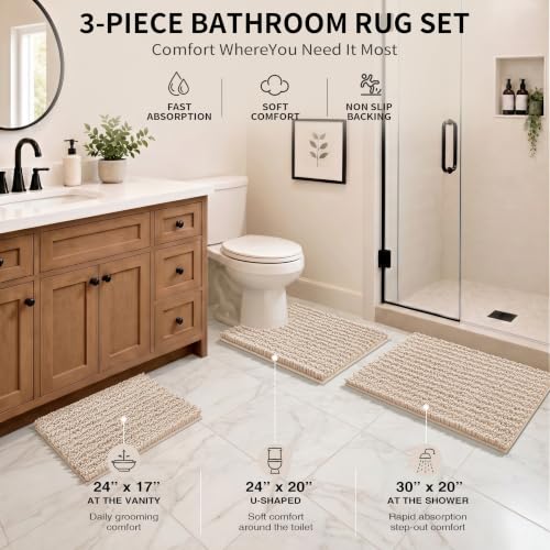 Yimobra Bathroom Rug Set 3 Piece, Super Water Absorbent Bath Mat Set, Beige - color: Beige, size: 24"x17" + 24"x20" + 30"x20"