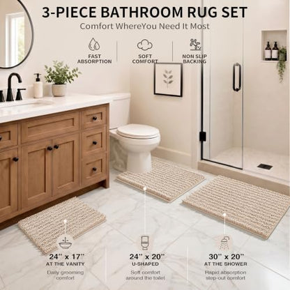 Yimobra Bathroom Rug Set 3 Piece, Super Water Absorbent Bath Mat Set, Beige - color: Beige, size: 24"x17" + 24"x20" + 30"x20"