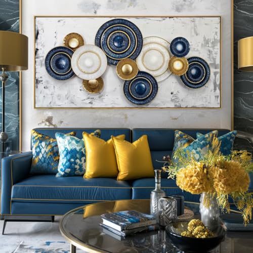 Wall Art Canvas Painting Blue and Yellow 24"x48" with Framed - color: 009-Metal, size: 48"L x 24"W