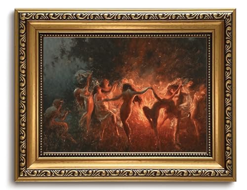 LHHJDIO Vintage Gold Framed Wall Art Gothic Canvas Art Dark Academia Art Prints Fire Dance Pictures Wall Decor Fantasy Demonic Ritual Artwork for Living Room Game Room - color: Dark-11, size: 10"L x 8"W