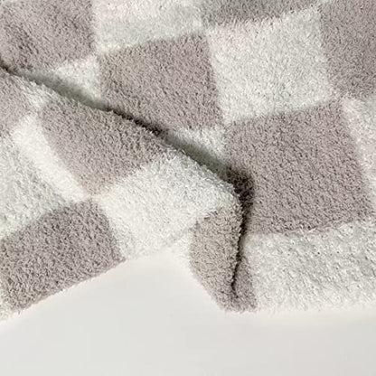 Ultra Soft Checkered Blanket Cream Cozy Buffalo Check Throw Fluffy Knitted Reversible Throw Blanket Lightweight Fleece Checkerboard Grid Blanket for Sofa Couch Bed Travel, Taupe/White, 51''x63'' - color: Taupe/White