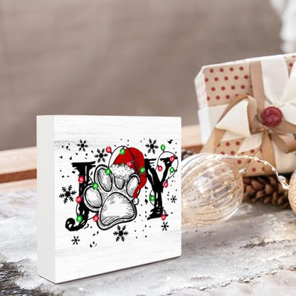 IWXYI Christmas Joy Wood Box Sign Desk Decor,Dog Paw Wooden Block Box Sign Decoration For Home Office Shelf Table Decor 5x5 Inches,Dog Gift For Dog Lover
