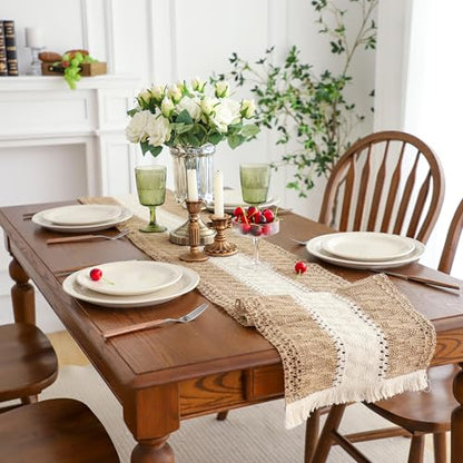 Simple&Opulence Boho Macrame Table Runner - 12 x 72 Inch, Splicing Burlap Farmhouse Cotton Table Runner with Fringed Edges for Bohemian Rustic Wedding, Bridal Shower, Dinner （Brown & White） - size: 12"x72", style: White