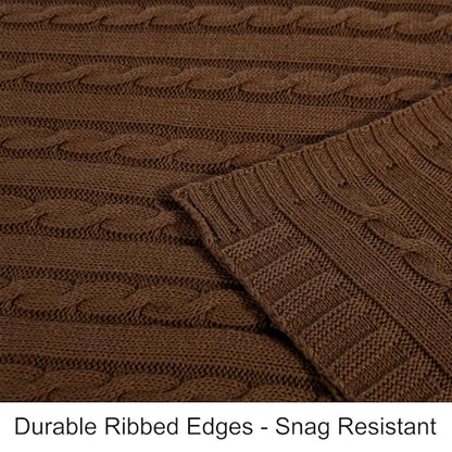 NTBAY Cotton Oversized Cable Knit Throw Blanket, 60 x 80, Brown - color: Brown, size: Twin(60"x80")