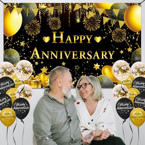 Happy Anniversary Decorations Kit - 5.9x3.6Ft Banner & 18PCS Balloons, Black & Gold Backdrop for Wedding, Party Supplies - Men & Women