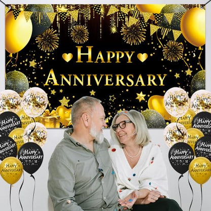 Happy Anniversary Decorations Kit - 5.9x3.6Ft Banner & 18PCS Balloons, Black & Gold Backdrop for Wedding, Party Supplies - Men & Women