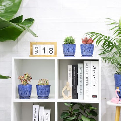 Gepege Ceramic Succulent Pots, 4 Inch Small Plant Pots with Drainage - color: Blue, size: 4 Inch - Set of 4