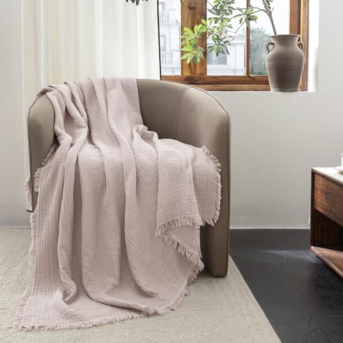 FOSSA Muslin Blanket 4-Layer 100% Cotton Gauze Blanket with Fringe 66"x90" - color: Greyish Pink, size: Twin XL (66" × 90")