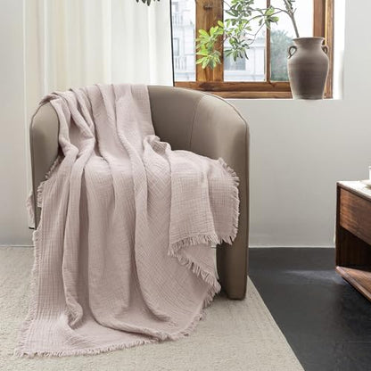 FOSSA Muslin Blanket 4-Layer 100% Cotton Gauze Blanket with Fringe 66"x90" - color: Greyish Pink, size: Twin XL (66" × 90")