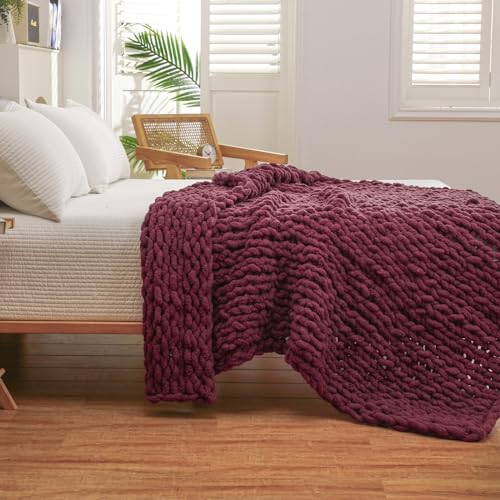WESHIONGOO Chunky Knit Blanket Throw for Couch Bed 51"×63" Burgundy Red - color: Burgundy Red, size: 51"x63"(Large Size Throw)