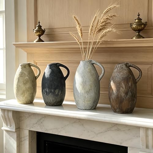 Rustic Ceramic Vase with Handle, 10.3 Inch, Handmade Decor, Brown - color: Brown