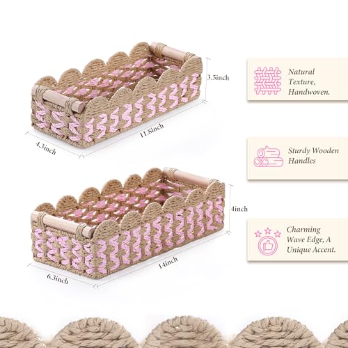 Set of 2 Paper Rope Scalloped Baskets with Wooden Handles
