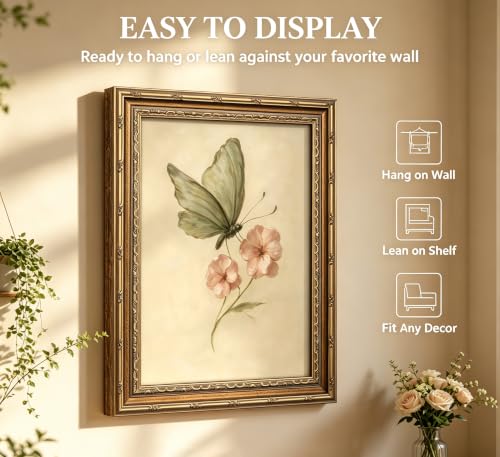 Vintage Gold Framed Wall Art, Retro Butterfly and Pink Flower Oil Painting Canvas Prints, Beige Insect Picture, Rustic Farmhouse Moth Cottagecore Poster Artwork for Living Room Bedroom Bathroom - color: Butterfly, size: 24"L x 16"W