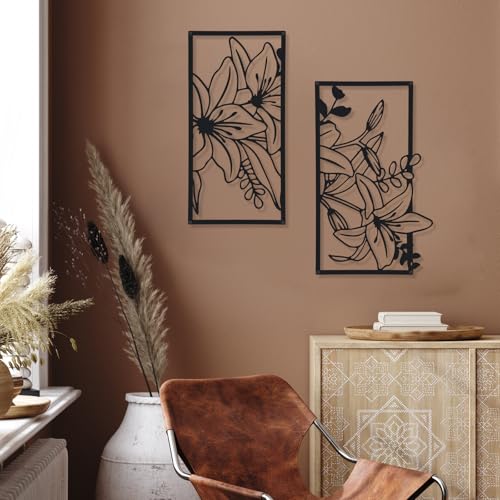Therwen Black Metal Wall Art Minimalist Floral Hanging, Classic Style - style: Three Flower