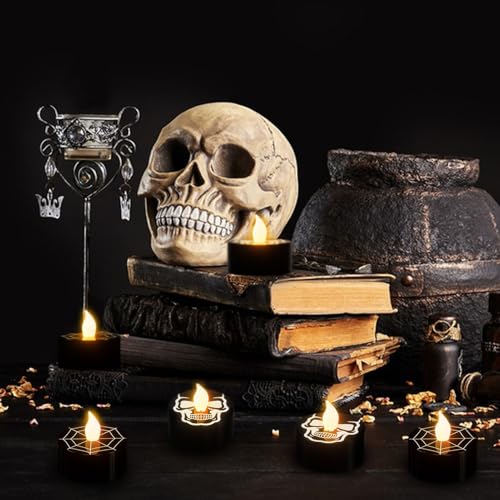 GenSwin Skull Spiderweb Halloween Flameless Candles Battery Operated Timer - color: 12-Black