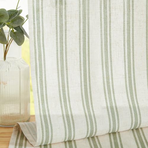 jinchan Linen Striped Tier Curtains for Kitchen Windows Farmhouse - color: Striped Green | on Beige, size: 26"W x 24"L (Pack of 2)