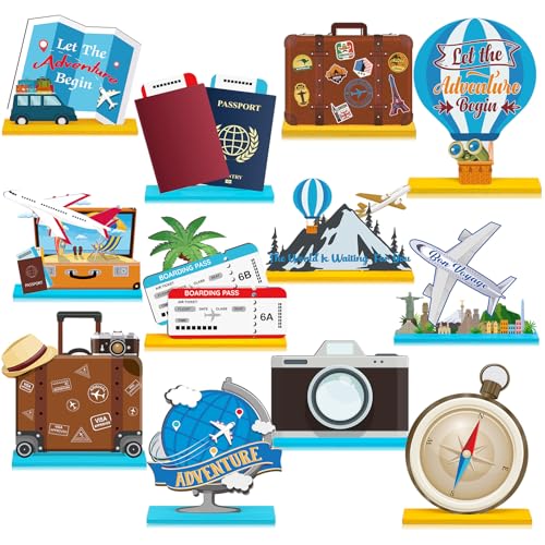 Marsui 12 Pcs Travel Wooden Centerpieces, Adventure Party Decor - style: Travel