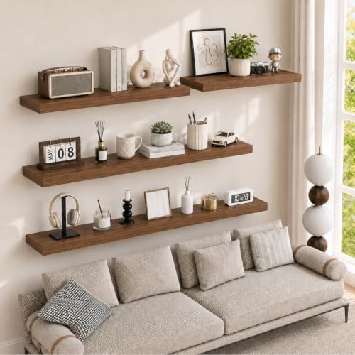 RICHER HOUSE 55Inch Long Floating Shelves, 12" Deep Wood Wall Shelf, Walnut - color: Walnut, size: 55in