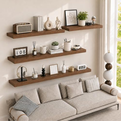 RICHER HOUSE 55Inch Long Floating Shelves, 12" Deep Wood Wall Shelf, Walnut - color: Walnut, size: 55in
