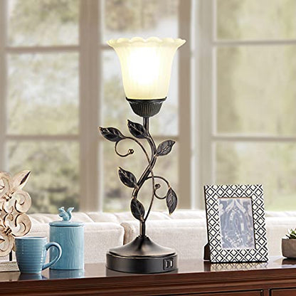 Touch Leaf Bedside Table Lamp with 2 USB Ports Nightstand Lamps - color: 1 Pack - Black + White Glass