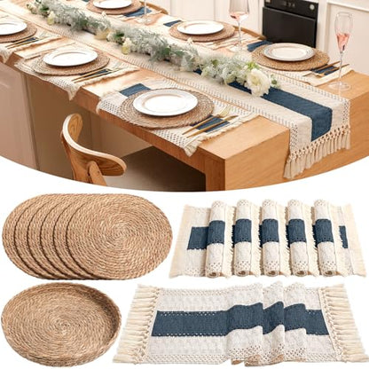 Boho Table Runner and Placemats Set, 6 Sets, Blue, 12x72 - color: Blue, size: 12x72"