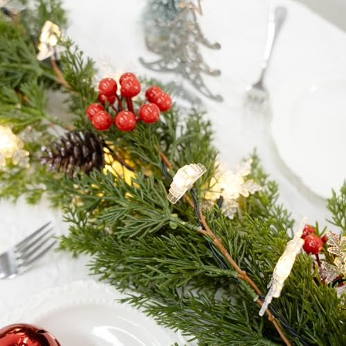 6FT Christmas Garland with Lights Battery Operated Lighted Christmas Garland with Pine Cones Red Beries,Twinkle Snowflake& Tree Mixed LED Lights Mantle Xmas Christmas Decoration Indoor Outdoor