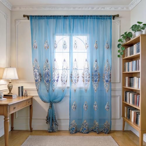 Amidoudou Rod Pocket Curtains European Luxury Sheer Embroidered Curtains for Living Room Bedroom (Blue,37" W x 84" L (Pack of 2)) - color: Blue, size: 37"W x 84"L (Pack of 2)