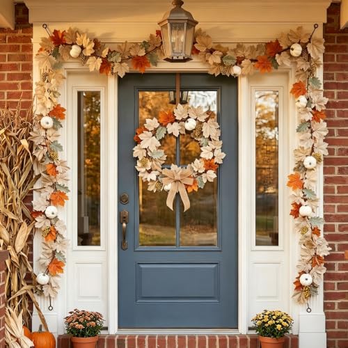 2 Pack Fall Garland with Pumpkins and Berries – 6ft Artificial Maple Leaf Garlands with Cream and Orange Leaves for Thanksgiving, Fireplace, Front Door, Farmhouse Autumn Decorations
